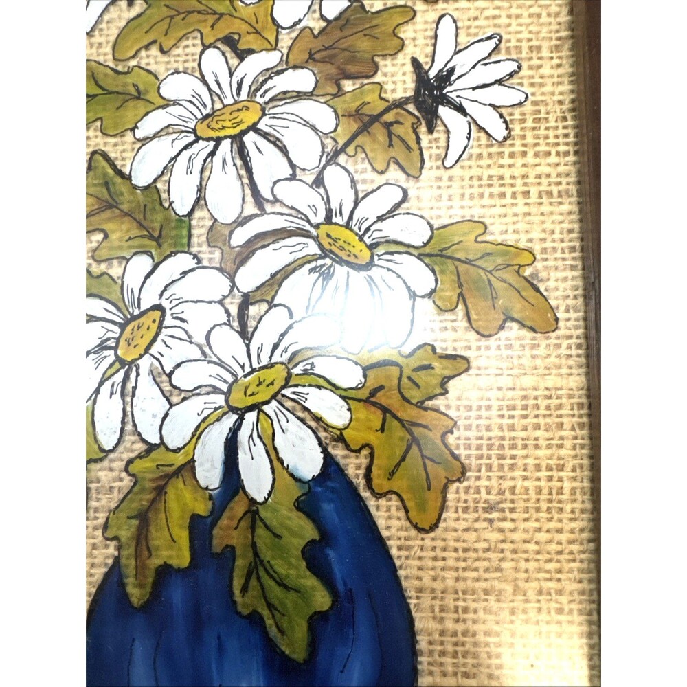 Vintage Rattan Wicker Background Reverse Hand Painted Daisies’s Blue Vase 15 In - Picture 5 of 8